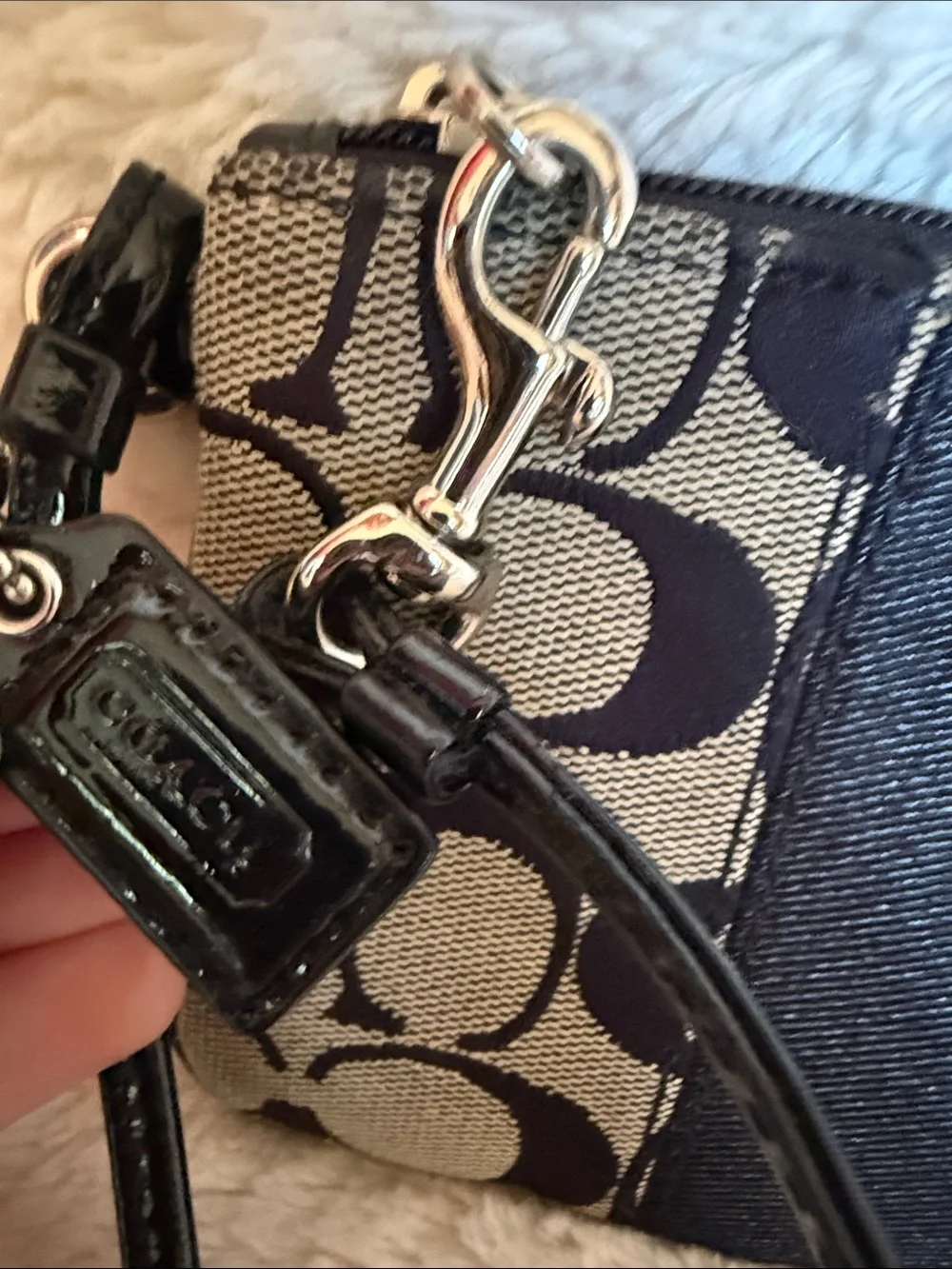 Coach Signature Jacquard Wristlet Black Grey Monogram Logo Medallion Zip Pouch